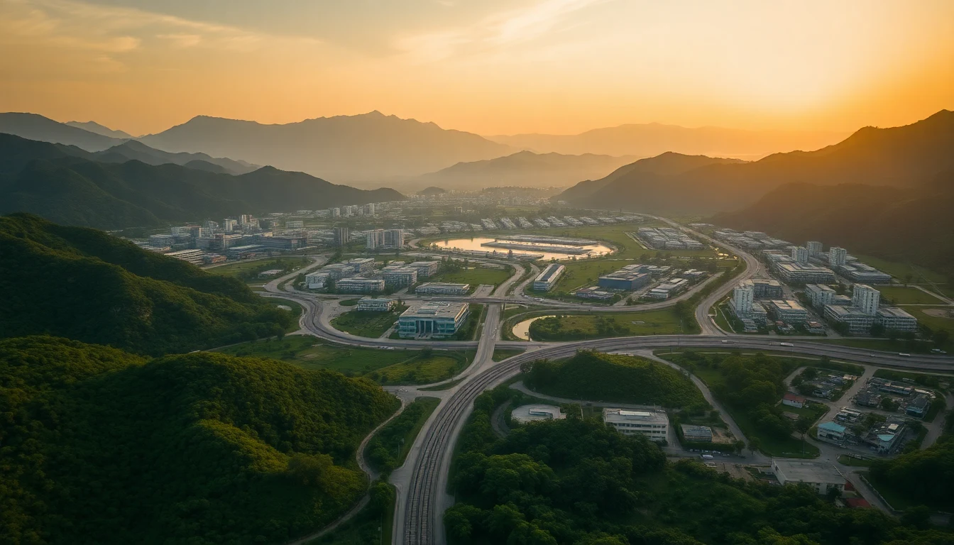 Aerial view of Boten SEZ with mountains and railway
